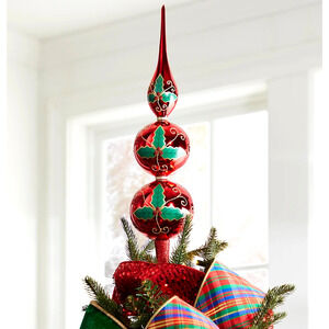 NEIMAN MARCUS Glass Finial Tree Topper 16in Christmas Red Green Holly Berry NEW